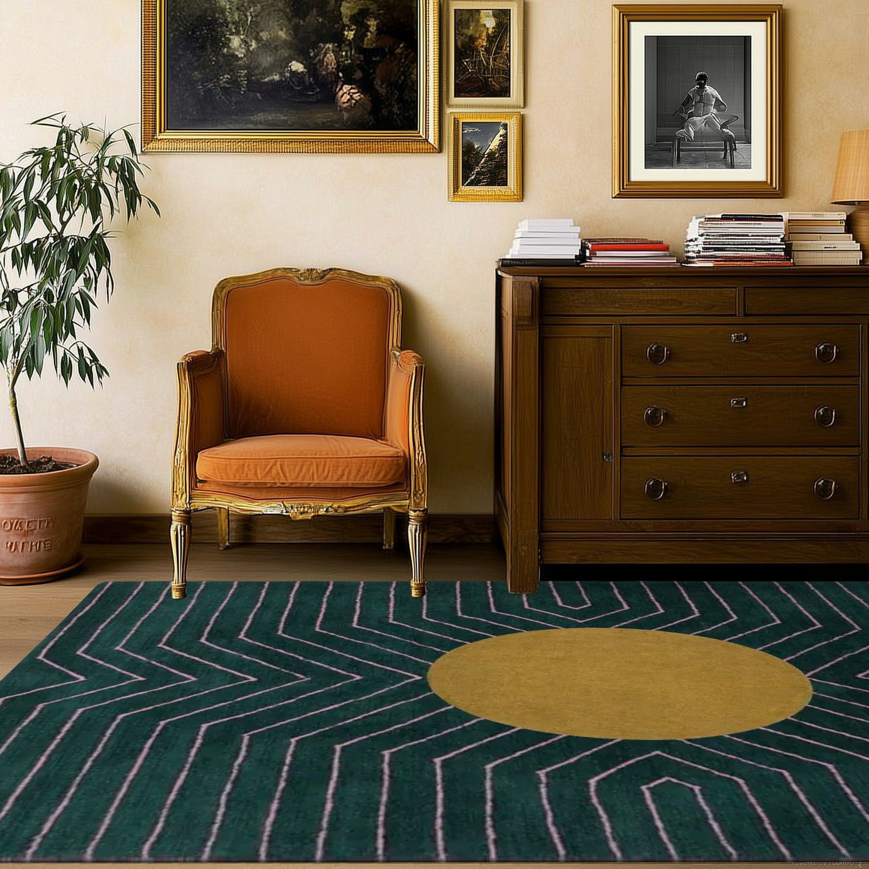 Dark Teal Gold Circle Geometric Hand Tufted Wool Rug