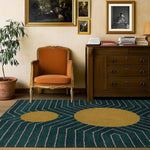 Dark Teal Golden Geometric Hand Tufted Wool Rug