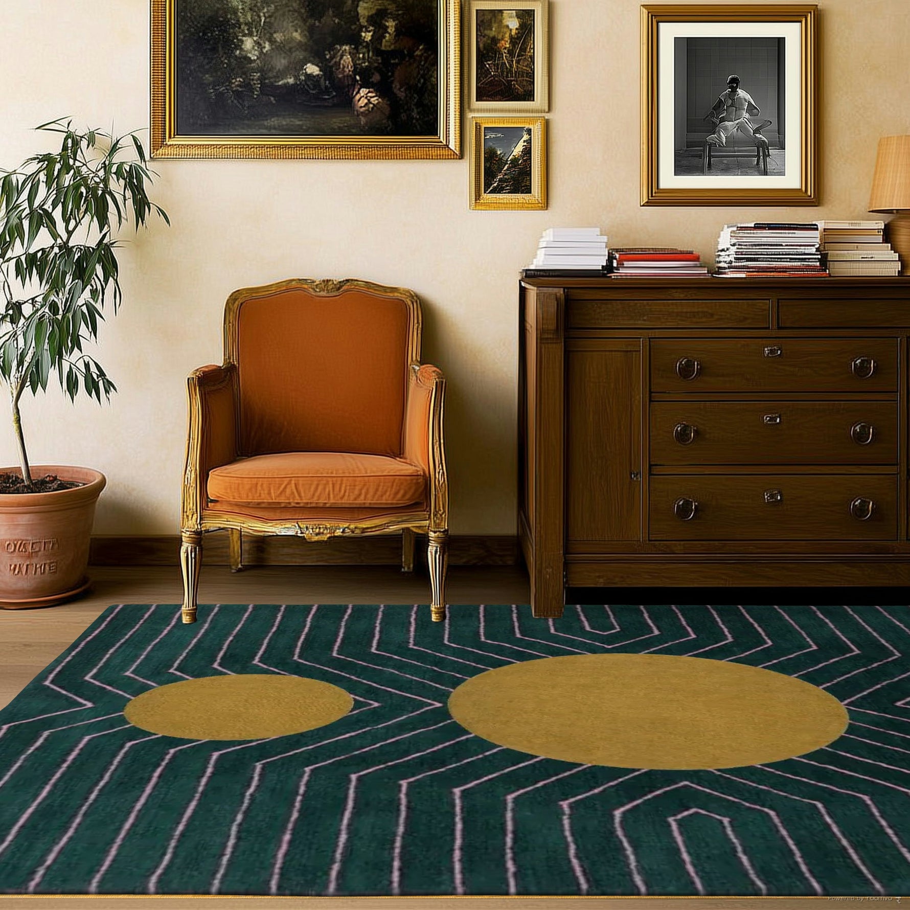 Dark Teal Golden Geometric Hand Tufted Wool Rug