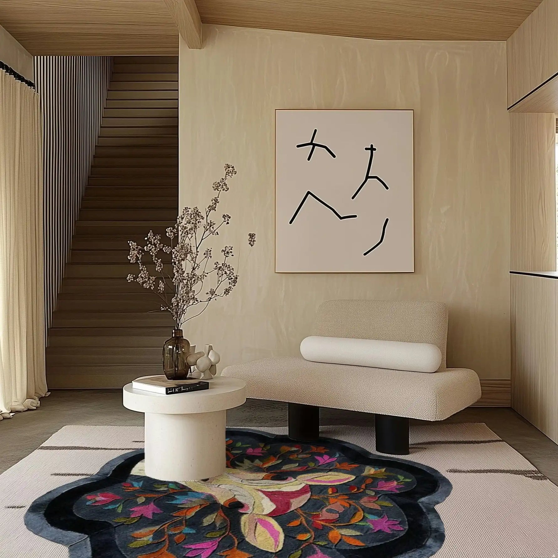 A stylish office setting featuring the Deer Paradise Hand Tufted Area Rug, perfect for adding a touch of elegance to dining rooms. This wool rug showcases a vibrant design with floral and abstract patterns, ideal for enhancing spaces with its rich colors and soft texture.