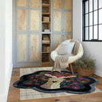 A beautifully designed area rug featuring a deer amidst colorful foliage, perfect for adding a touch of elegance to an office or dining room. This wool rug showcases intricate details and vibrant colors, enhancing the charm of any space.