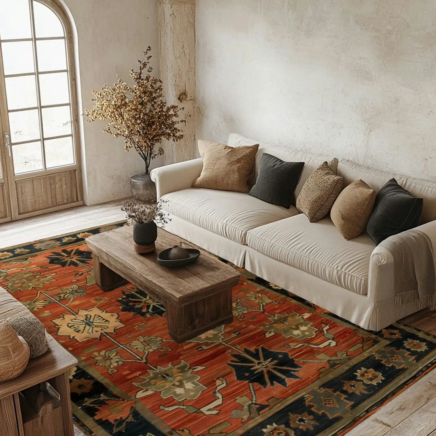 A beautifully styled living room featuring a Desert Bloom Hand Tufted Area Rug, perfect for large living rooms and offices. This wool rug showcases an intricate floral design in warm colors, adding a touch of elegance and comfort to the space. It complements the neutral tones of the sofa and wooden coffee table, creating a cozy atmosphere ideal for a living room area rug.