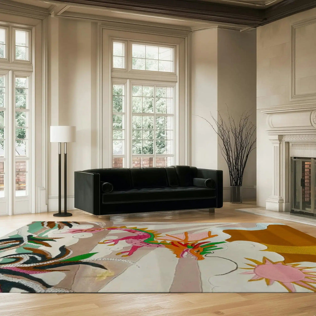 Stylish Dragon Flight Hand Tufted Area Rug in a modern living room. This wool rug features vibrant abstract designs, perfect for adding flair to your living room or dining room. The colorful patterns make it an ideal choice as a dining table rug or centerpiece in rugs for living rooms.