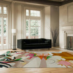 Stylish Dragon Flight Hand Tufted Area Rug in a modern living room. This wool rug features vibrant abstract designs, perfect for adding flair to your living room or dining room. The colorful patterns make it an ideal choice as a dining table rug or centerpiece in rugs for living rooms.