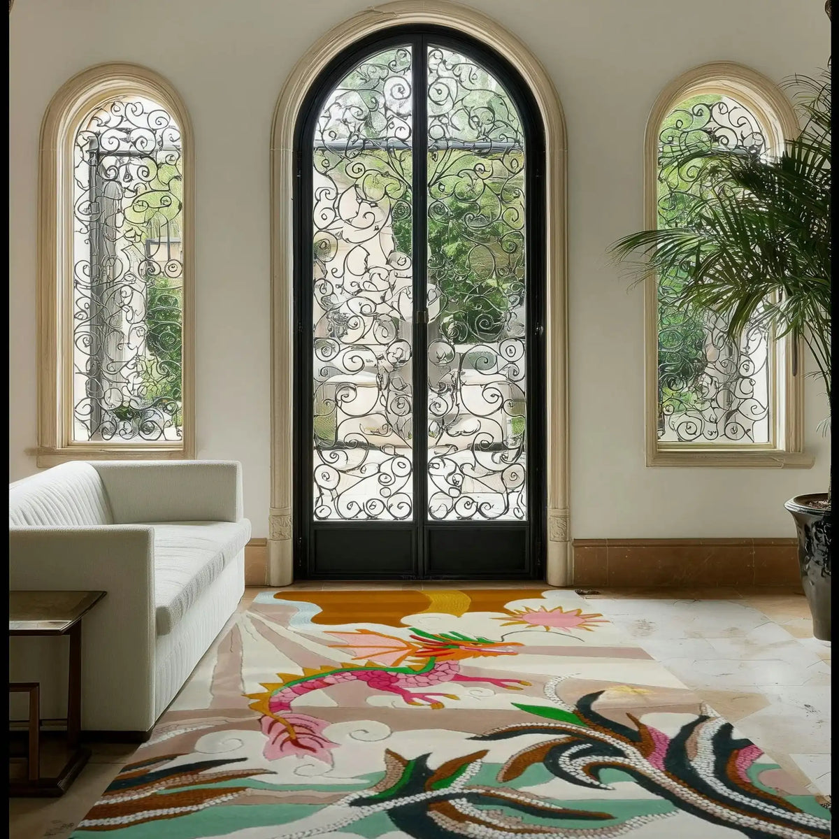 A vibrant Dragon Flight Hand Tufted Area Rug adorns a stylish living room, featuring an abstract dragon design. Perfect for enhancing rugs for living room or as a dining table rug in a dining room. This wool rug adds an artistic touch to any space.