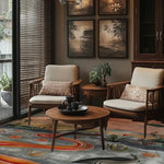 A beautifully styled living room featuring the Dusk Delight Harmony Hand Tufted Wool Area Rug. This large area rug showcases abstract patterns in rich colors, enhancing the elegance of the space. It's perfect for those seeking high-quality wool rugs for their living room.