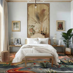 A beautifully styled living room featuring the Dusk Delight Harmony Hand Tufted Wool Rug. This large area rug showcases an abstract design with vibrant colors, creating a focal point in the space. The wool rug complements the elegant decor, adding warmth and texture to the living room, perfect for those seeking area rugs for living room enhancement.