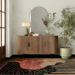 Stylish living room featuring a Dusky Petals hand-tufted wool area rug with abstract design, complementing a modern wooden console and indoor plant. Perfect for adding elegance to large living room spaces.