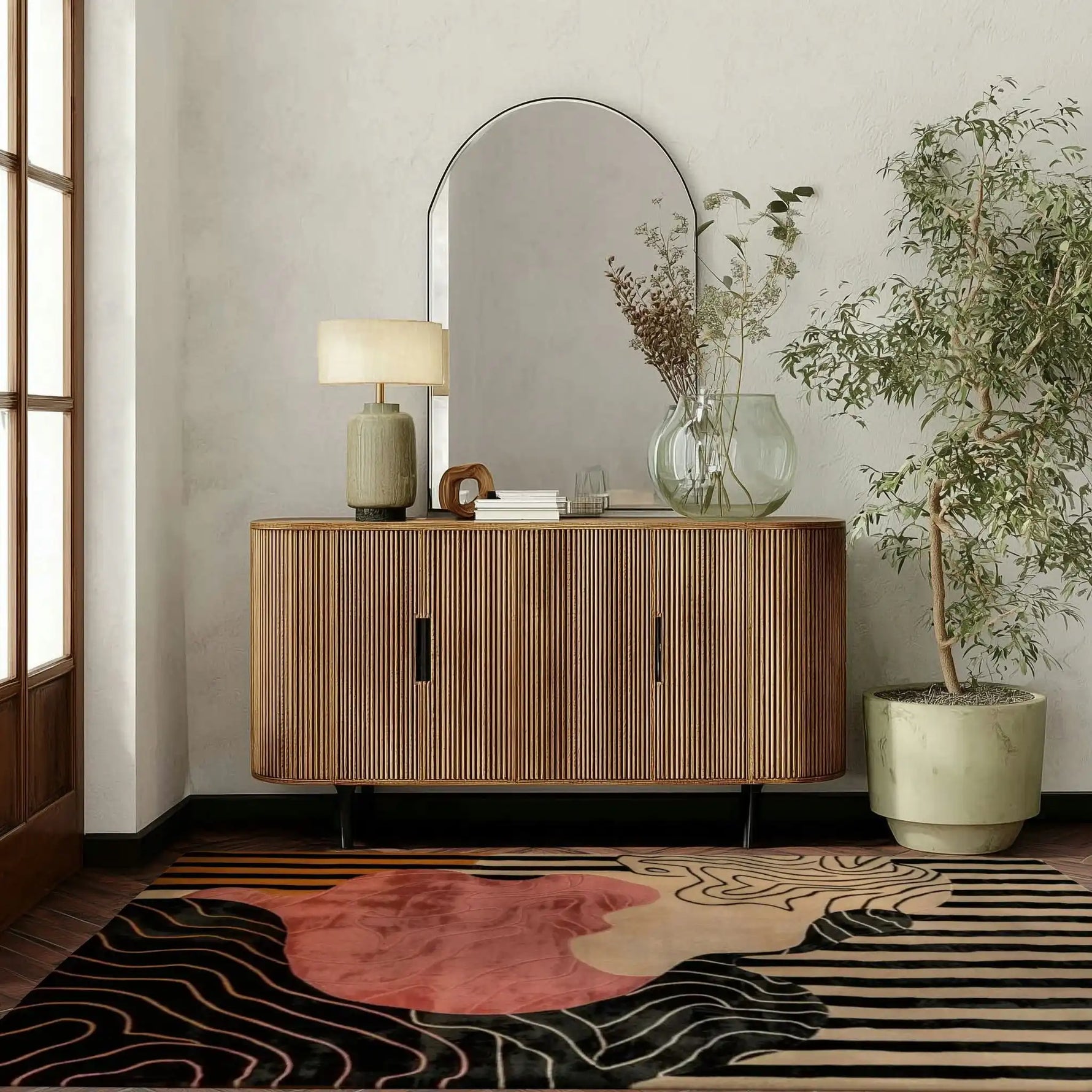 Stylish living room featuring a Dusky Petals hand-tufted wool area rug with abstract design, complementing a modern wooden console and indoor plant. Perfect for adding elegance to large living room spaces.