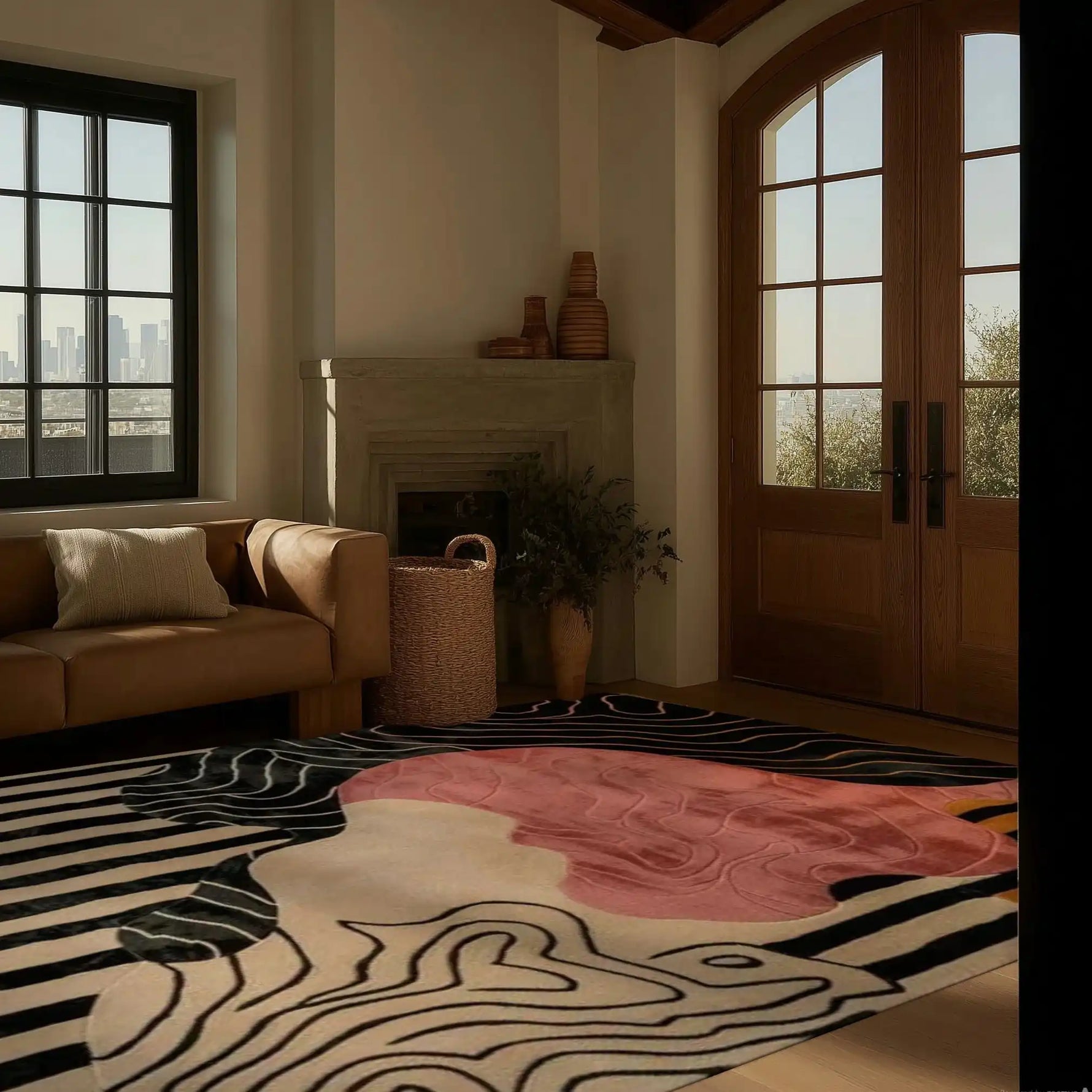 Beautifully styled living room featuring a Dusky Petals hand-tufted wool area rug. The abstract design in soft pink and black hues adds a modern touch to the large living room, complementing the cozy brown sofa and natural light pouring through the large windows.