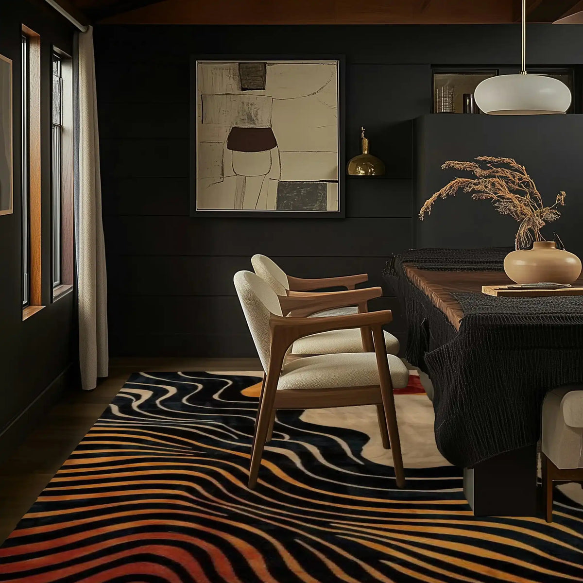 Stylish living room showcasing a Dynamic Drift Hand Tufted Viscose Area Rug with an abstract tiger stripe pattern in vibrant hues, complementing the modern decor with wooden chairs and a chic table setting. Perfect for adding a touch of elegance to any living room with its luxurious wool-like texture.