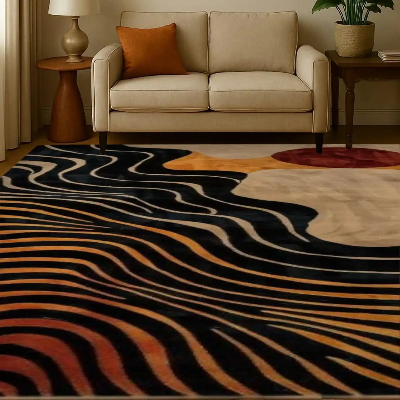 A stylish living room featuring a Dynamic Drift Hand Tufted Viscose Area Rug with an abstract design. The rug's bold, wavy patterns in black and orange add a modern flair, perfectly complementing the neutral-toned sofa and warm decor. Ideal for those looking to elevate their living room with luxurious living room area rugs.