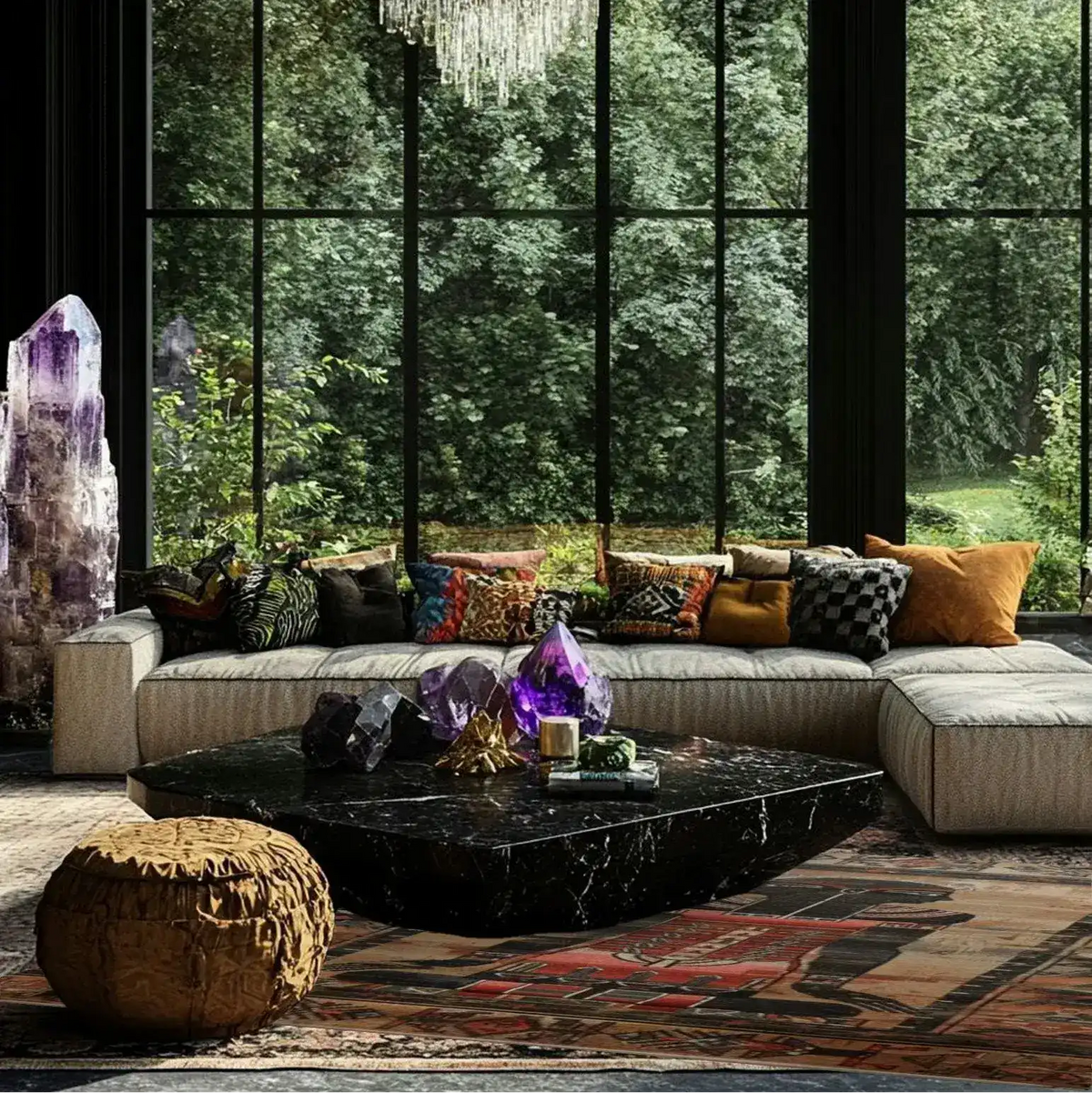 A luxurious living room showcases the Egyptian Enigma Wool Hand Knotted Area Rug. The vintage rug, with its intricate patterns and warm tones, complements the elegant decor. Perfect for adding style to any living room, this area rug enhances the ambiance with its exquisite design.