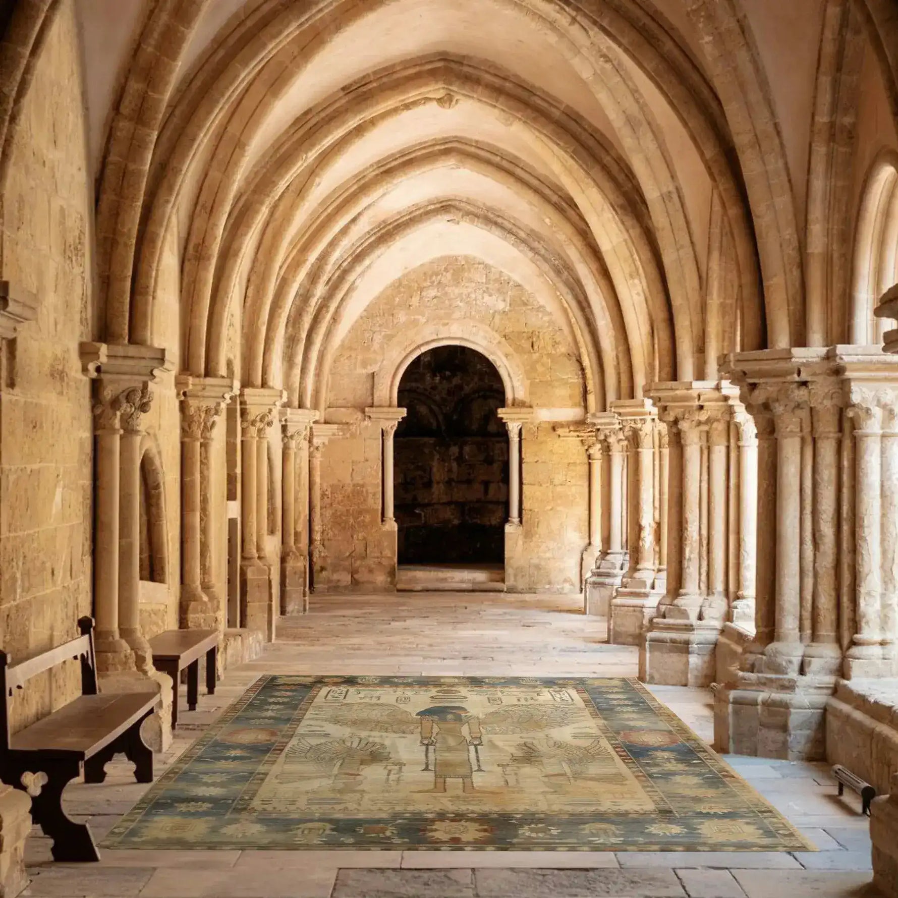 Stunning Egyptian Goddess Wool Hand Knotted Area Rug displayed in a grand stone hallway with arched ceilings. This vintage rug, perfect for adding a touch of elegance to your living room, features intricate designs reminiscent of Persian rugs. Ideal as a large living room rug, it enhances the majestic setting with its timeless appeal.