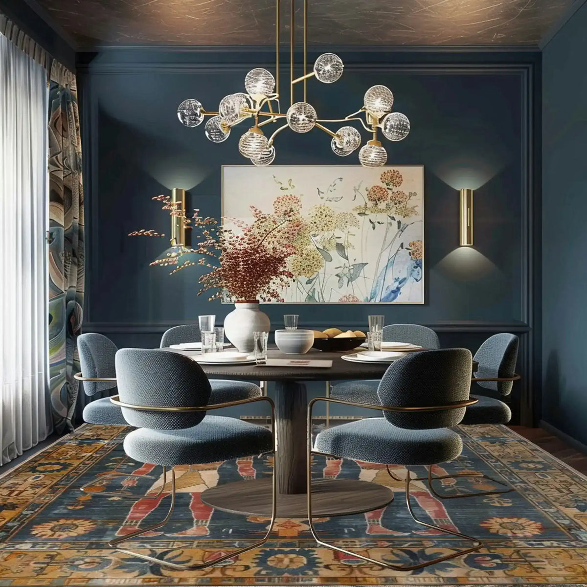 This elegant dining room features a stunning Egyptian Heritage Hand Knotted Area Rug, showcasing a rich tapestry of colors and intricate patterns. Perfect for large living rooms, this Persian-style wool rug adds a touch of sophistication under the modern dining table and chairs. Ideal for those seeking large area rugs for living rooms.