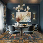 This elegant dining room features a stunning Egyptian Heritage Hand Knotted Area Rug, showcasing a rich tapestry of colors and intricate patterns. Perfect for large living rooms, this Persian-style wool rug adds a touch of sophistication under the modern dining table and chairs. Ideal for those seeking large area rugs for living rooms.