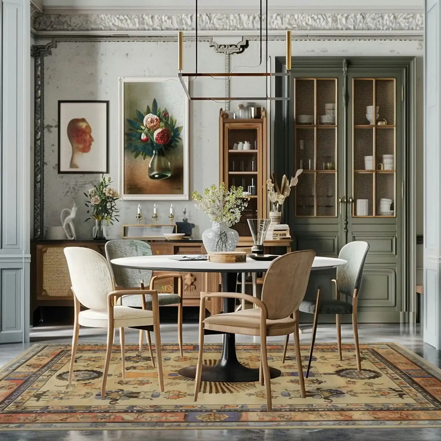 Elegant dining room featuring an Egyptian Mythology Hand Knotted Area Rug. The rug, with its intricate designs and warm colors, complements the sophisticated decor with a round dining table and stylish chairs. Classic wall art and cabinetry add to the room's inviting atmosphere.