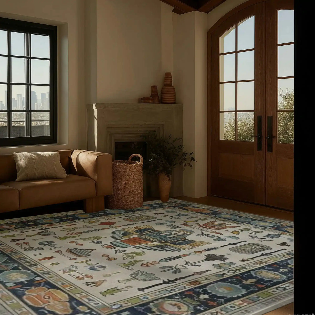 A cozy living room featuring an Egyptian tapestry hand-tufted area rug. The wool rug showcases intricate patterns in warm tones, perfect for adding elegance to bedroom spaces. Natural light from large windows highlights the detailed design, complementing the neutral-toned sofa and rustic decor, ideal for those seeking quality bedroom area rugs.