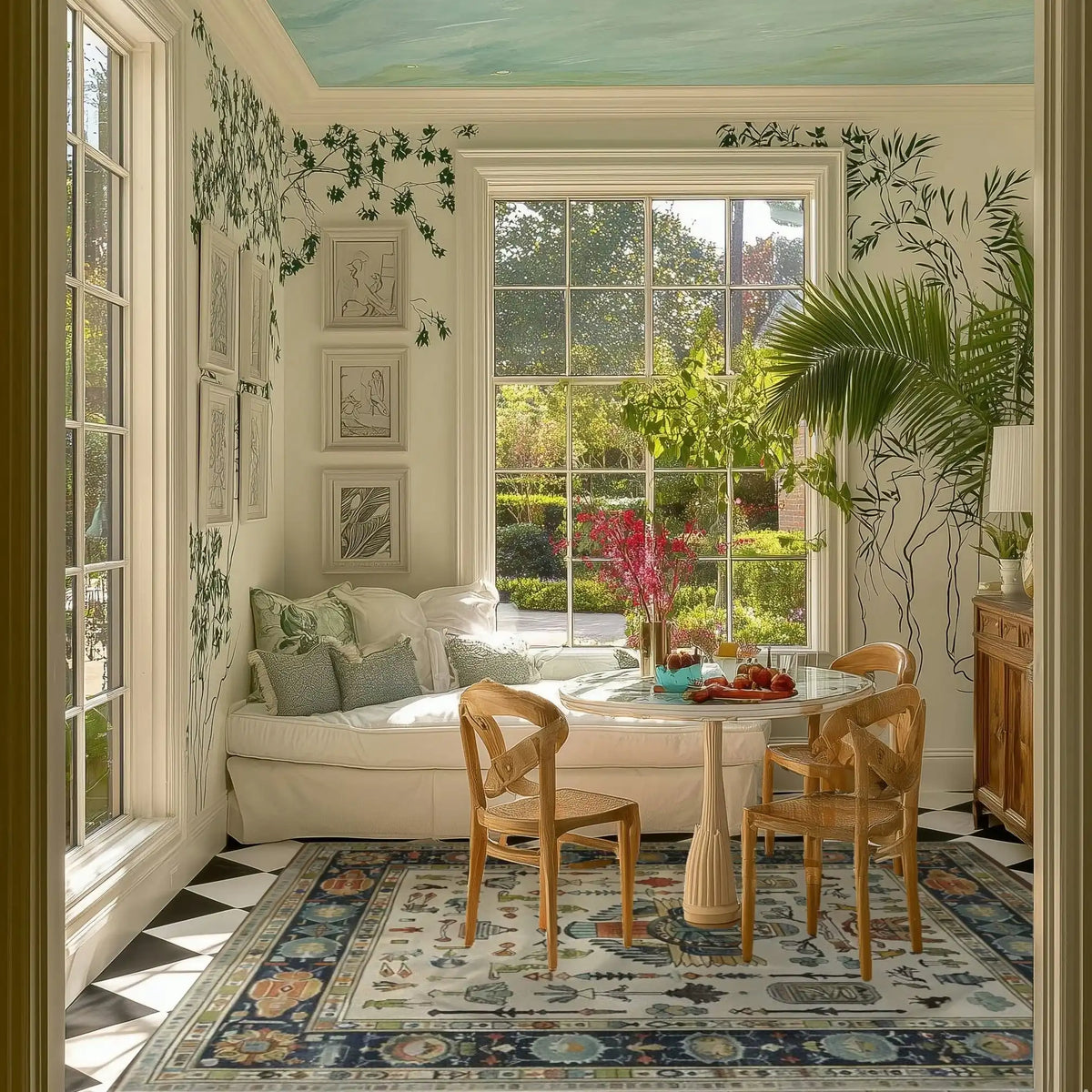 Bright and cozy bedroom featuring an elegant Egyptian Tapestry Hand Tufted Area Rug. The wool rug adds a touch of sophistication with its intricate design, complementing the serene ambiance. Ideal for those seeking stylish bedroom rugs that enhance comfort and style.