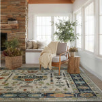 A beautifully designed Egyptian tapestry hand-tufted square area rug enhances this cozy living room. The vintage rug features intricate patterns with a touch of Egyptian artistry, making it a perfect wool rug for living spaces. The room is styled with a modern chair and a rustic side table, creating an inviting atmosphere.