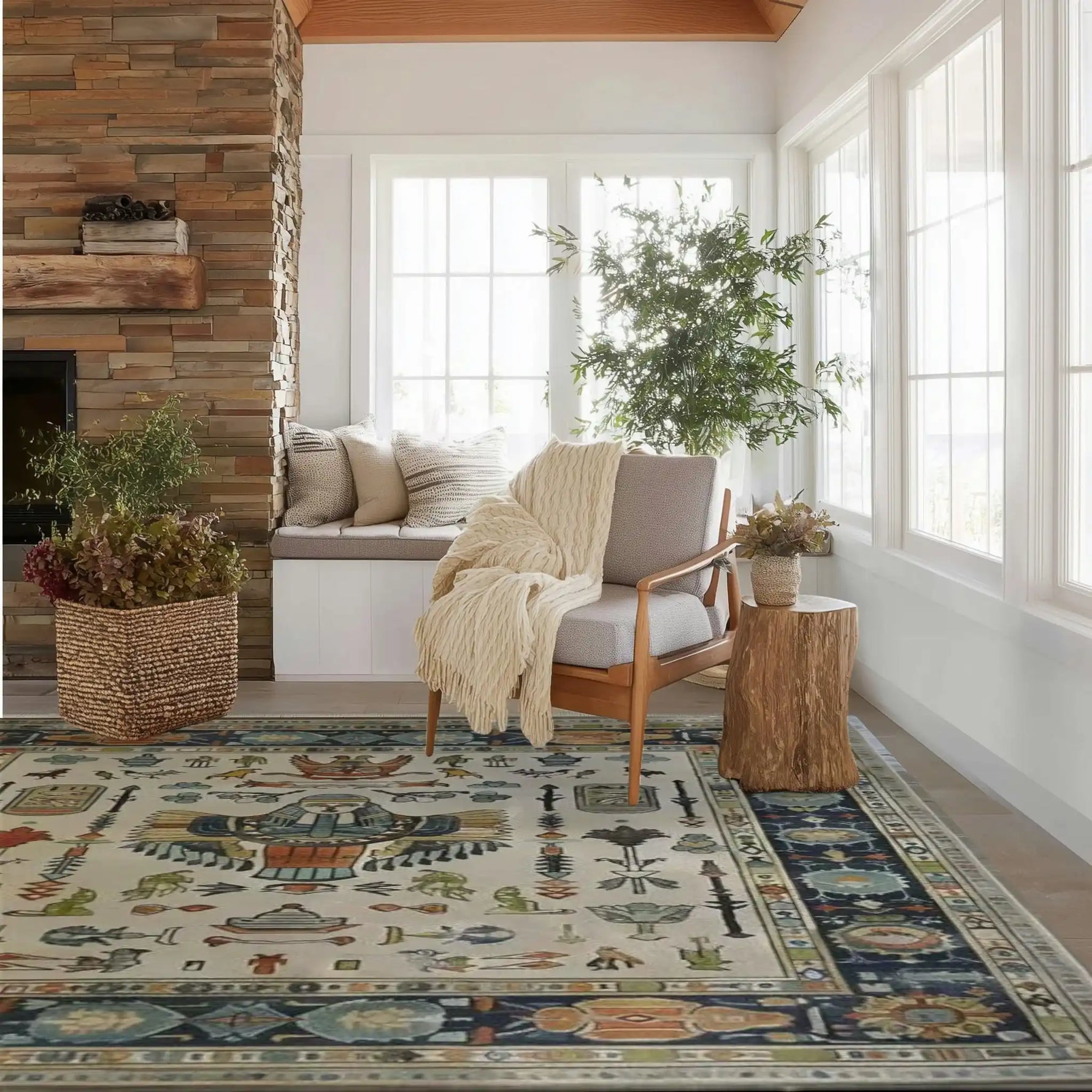 A beautifully designed Egyptian tapestry hand-tufted square area rug enhances this cozy living room. The vintage rug features intricate patterns with a touch of Egyptian artistry, making it a perfect wool rug for living spaces. The room is styled with a modern chair and a rustic side table, creating an inviting atmosphere.