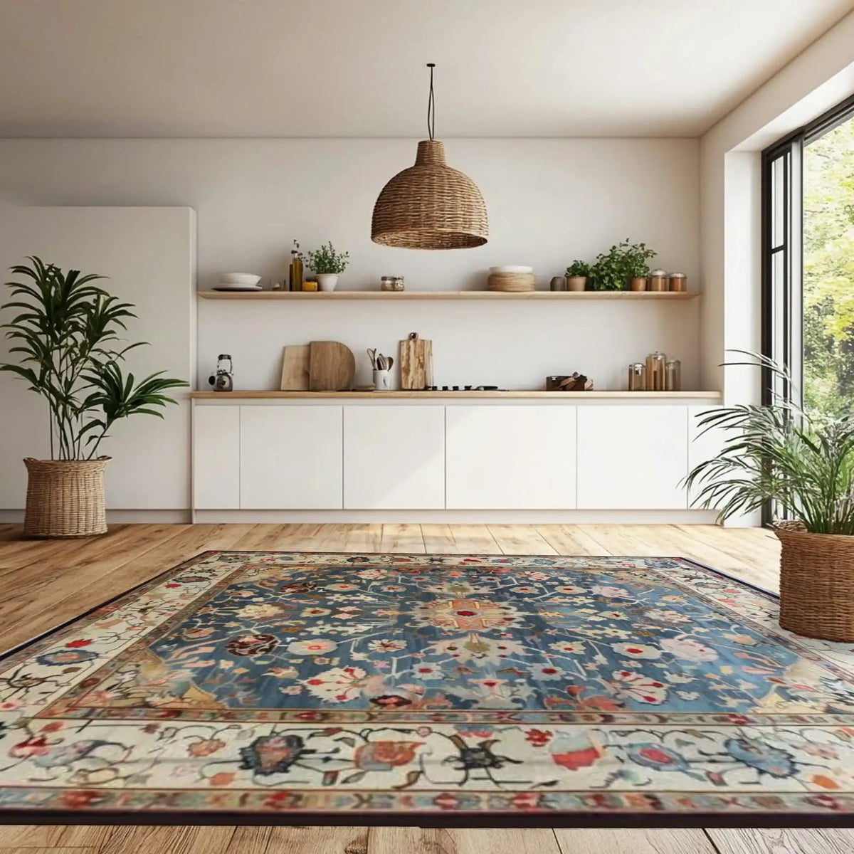 A beautifully styled kitchen features a stunning Elegant Blue Floral Hand Knotted Area Rug. The rug's intricate floral design and vibrant blue tones add a touch of elegance to the warm wooden flooring. Natural light floods the space through a large window, complementing the room's minimalistic decor with plants and a woven pendant lamp.