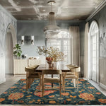 A stylish living room featuring the Elephantine Garden Hand Tufted Area Rug, adding elegance with its intricate floral pattern. This wool rug enhances the room's warmth and complements the modern dining setup, making it an ideal choice for living room area rugs.