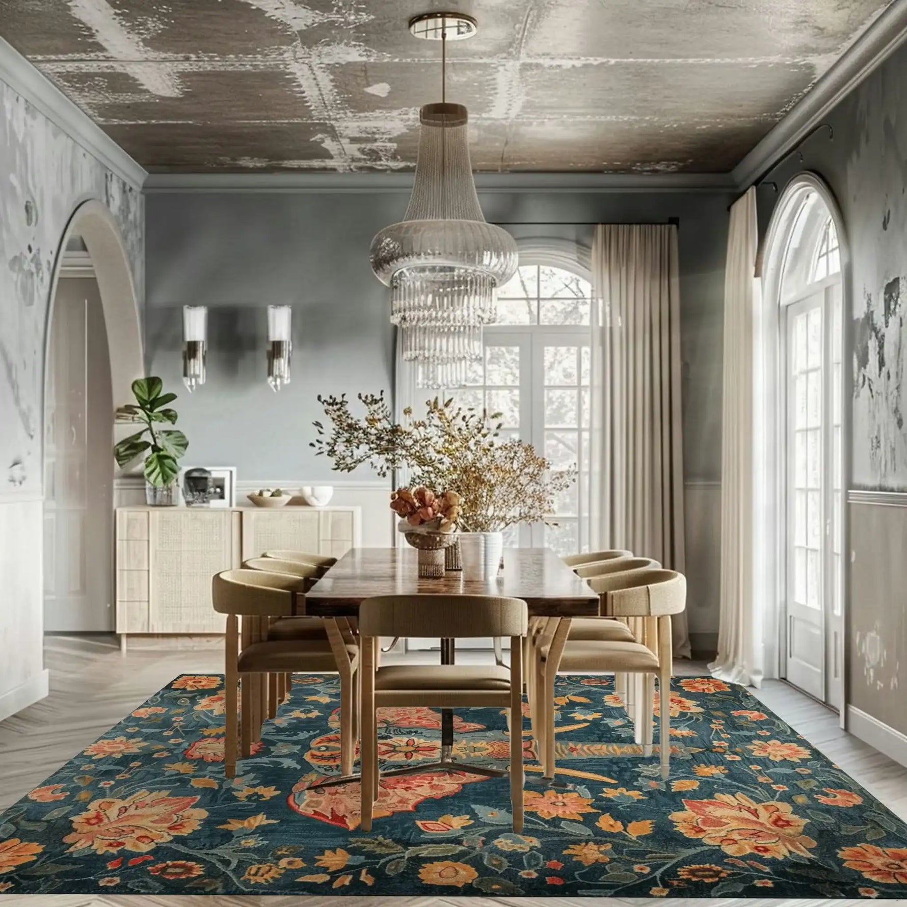 A stylish living room featuring the Elephantine Garden Hand Tufted Area Rug, adding elegance with its intricate floral pattern. This wool rug enhances the room's warmth and complements the modern dining setup, making it an ideal choice for living room area rugs.