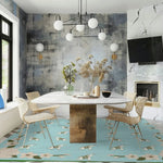 Stylish dining room featuring an 'Elephants in the Terrace' floral hand tufted area rug under a modern dining table. The wool rug adds a touch of elegance to the office or dining room, making it a perfect dining table rug choice.
