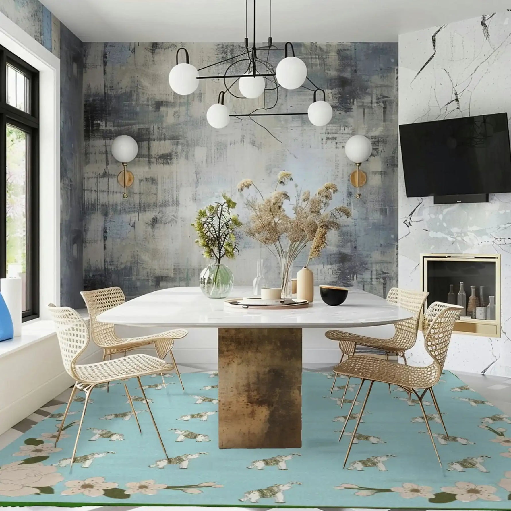 Stylish dining room featuring an 'Elephants in the Terrace' floral hand tufted area rug under a modern dining table. The wool rug adds a touch of elegance to the office or dining room, making it a perfect dining table rug choice.