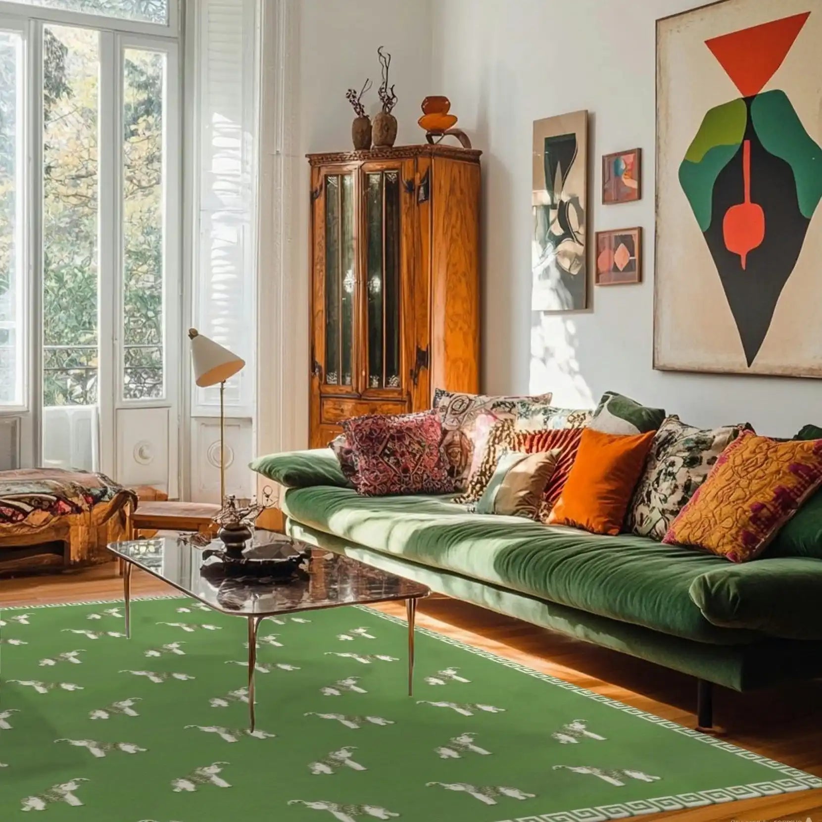 A stylish living room featuring the Elephants in the Terrace Hand Tufted Rug, an exquisite wool area rug perfect for office or living room settings. The green rug with elephant motifs complements the vibrant cushions on a green sofa, creating a cozy and elegant atmosphere.