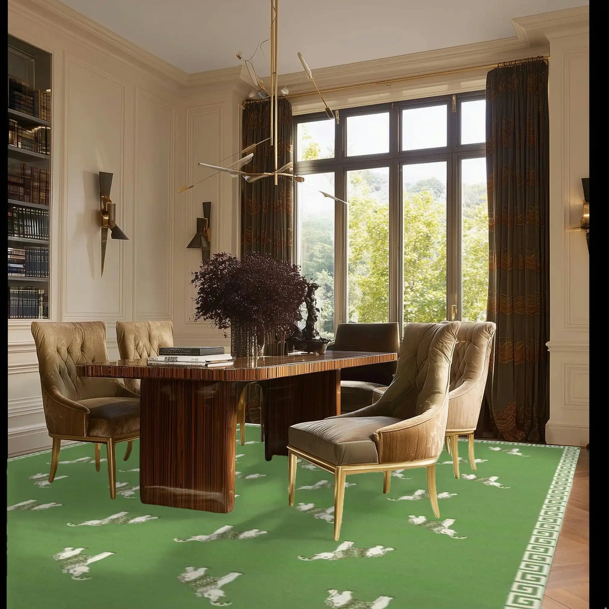 Elegant office space featuring a hand-tufted area rug with elephant patterns, perfect for adding a touch of sophistication to any living room or office. The wool rug's vibrant green color complements the luxurious decor, creating a harmonious and stylish environment.