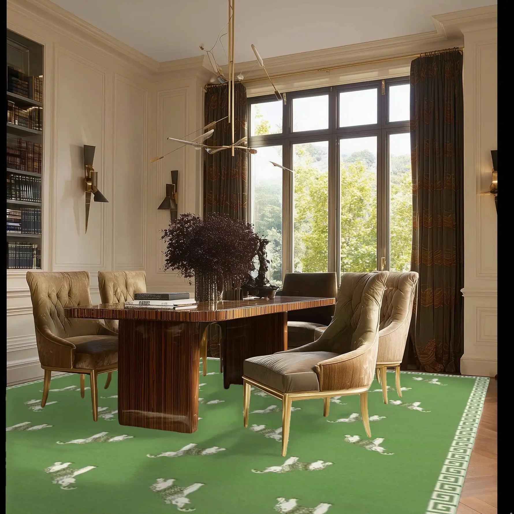 Elegant office space featuring a hand-tufted area rug with elephant patterns, perfect for adding a touch of sophistication to any living room or office. The wool rug's vibrant green color complements the luxurious decor, creating a harmonious and stylish environment.