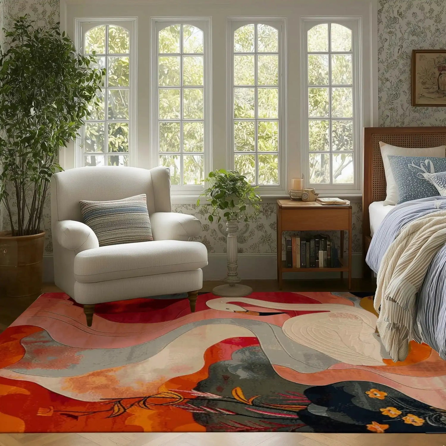 Bright and colorful Elysian Flames hand-tufted area rug in a living room setting, showcasing a vibrant floral design. The wool rug features an abstract pattern with shades of orange, red, and pink, complementing the cozy armchair and bedside table. Ideal for adding warmth and style to rugs for living room areas.
