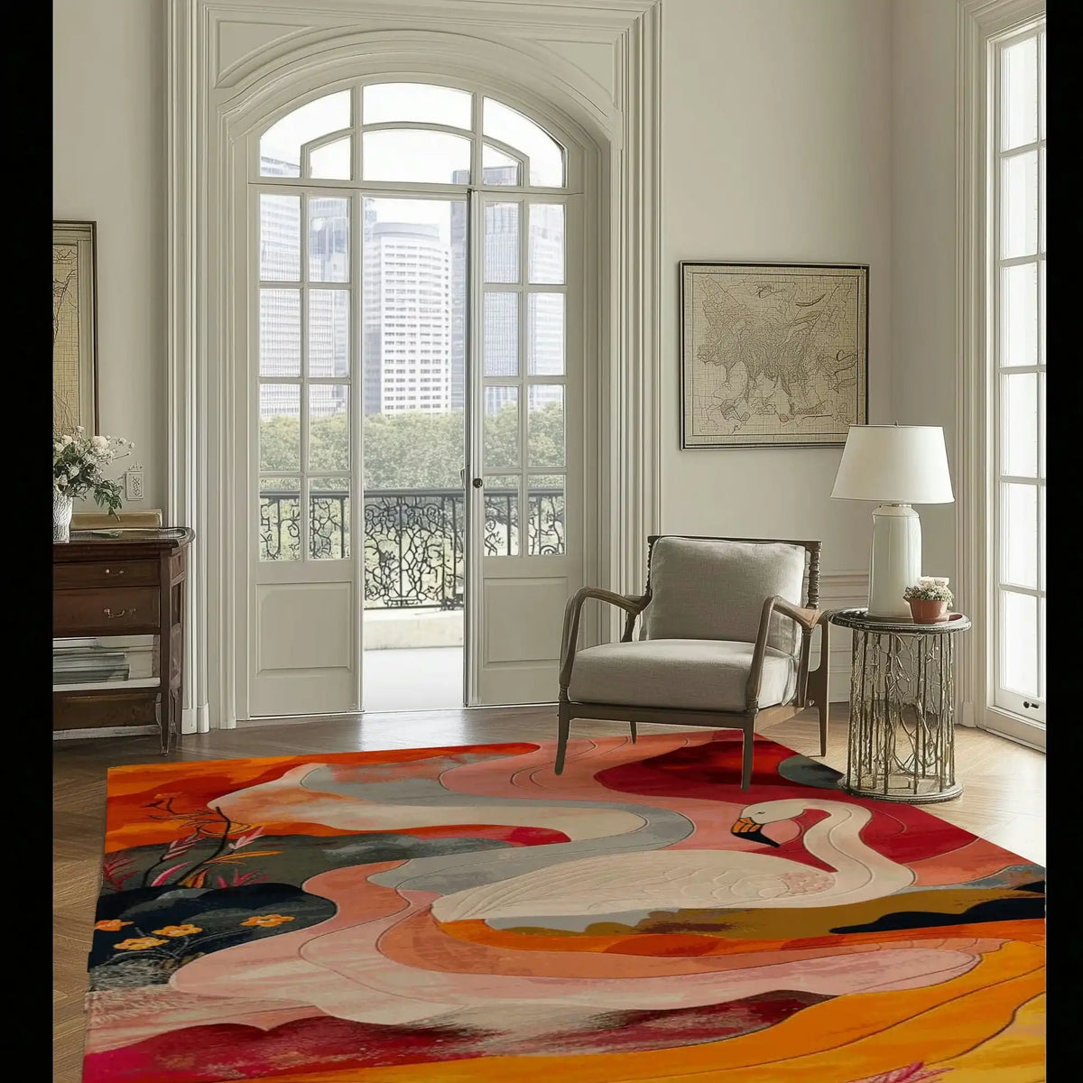 Stylish area rug featuring a vibrant floral design in a cozy living room setting. The wool rug, with its rich colors and intricate patterns, enhances the elegance of the space, perfect for rugs for living room enthusiasts.