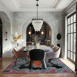 A stunning contemporary area rug in a luxurious dining room setting. The hand tufted wool rug features an abstract design with vibrant colors, perfect for modern living room decor. This rug enhances the elegance of the space, making it an ideal choice for rugs for living room enthusiasts.