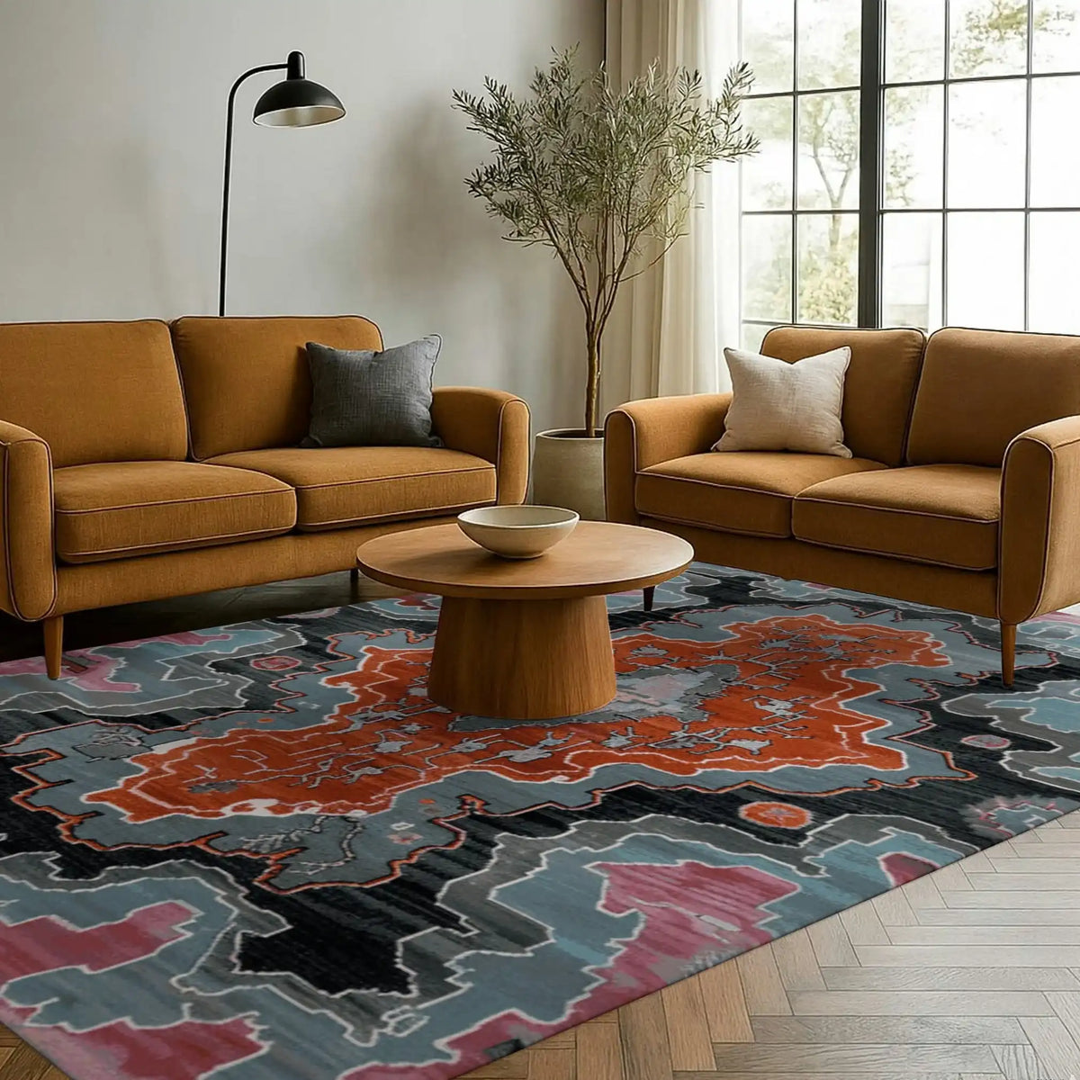 A contemporary area rug with a bold abstract design in shades of orange, blue, and black, placed in a stylish living room. The rug complements the mid-century modern decor featuring mustard-colored sofas, a wooden coffee table, and a large window that brings in natural light, perfect for enhancing any living room area.