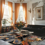 A beautifully decorated living room featuring the Ember Dragon’s Mystical Ascent hand-tufted area rug. The vibrant wool rug displays an abstract design with swirling patterns, enhancing the elegant decor. Sunlight pours through large windows with flowing curtains, casting a warm glow over the room and the lush flowers on the glass coffee table. Ideal for office and living room settings, this area rug adds a touch of sophistication and style.
