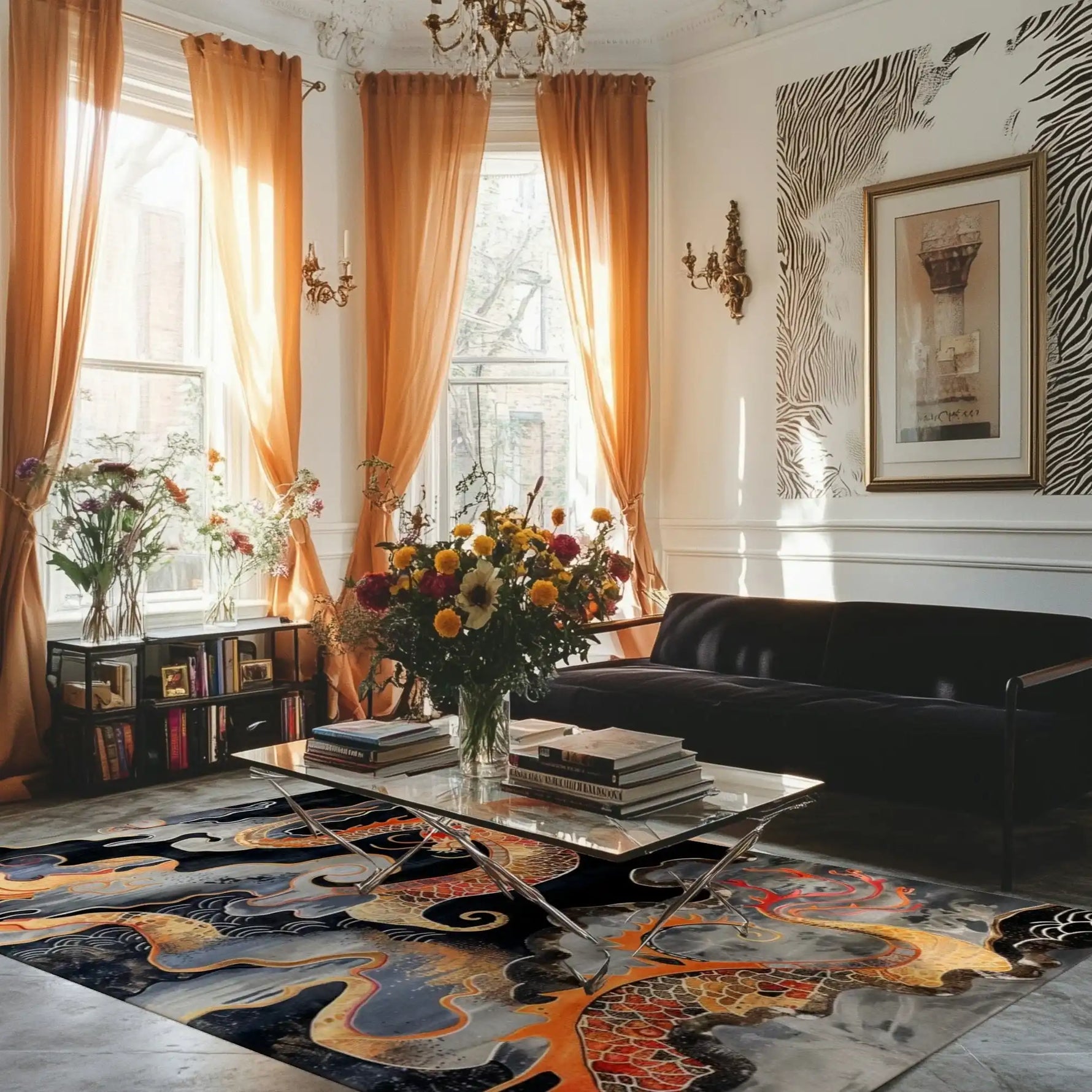 A beautifully decorated living room featuring the Ember Dragon’s Mystical Ascent hand-tufted area rug. The vibrant wool rug displays an abstract design with swirling patterns, enhancing the elegant decor. Sunlight pours through large windows with flowing curtains, casting a warm glow over the room and the lush flowers on the glass coffee table. Ideal for office and living room settings, this area rug adds a touch of sophistication and style.
