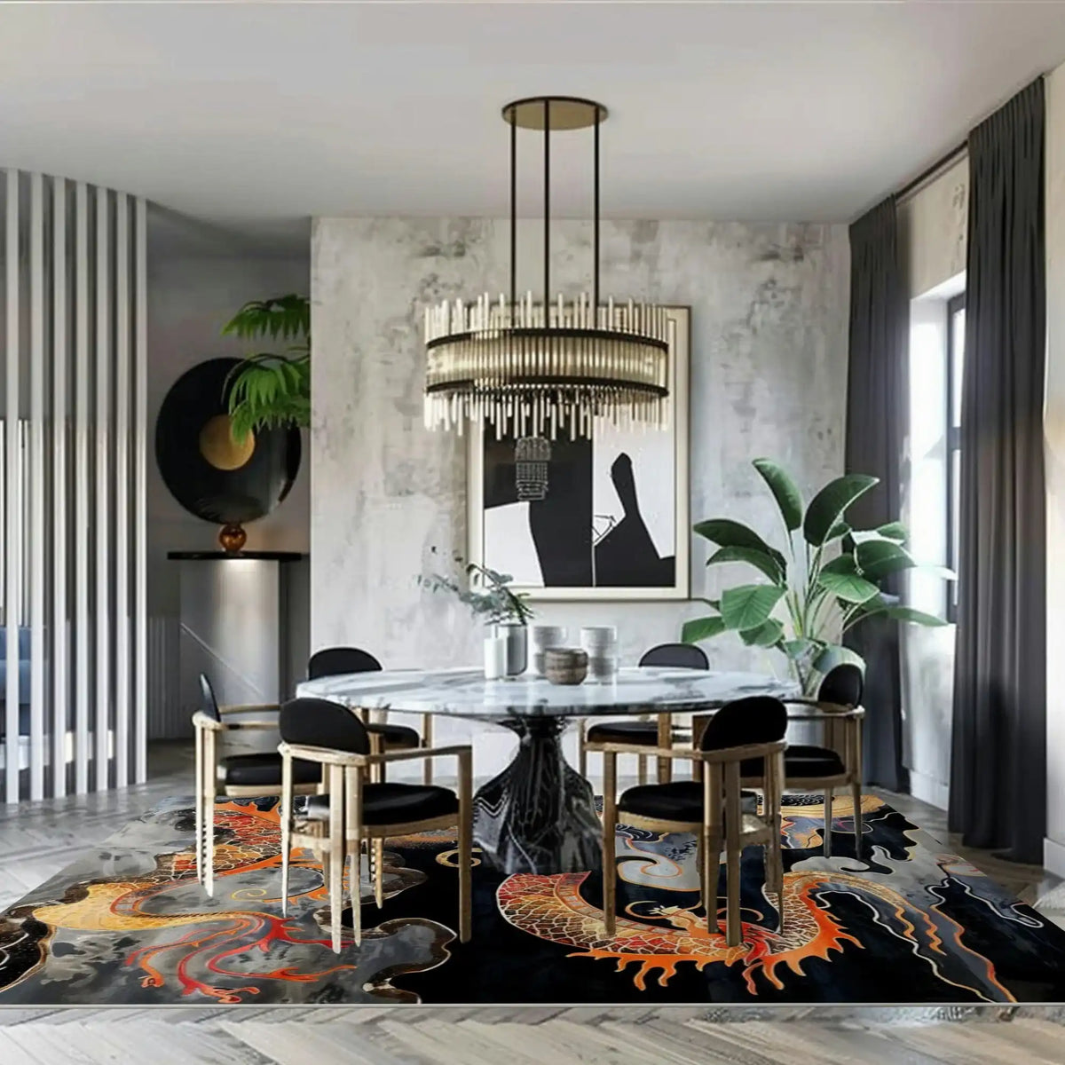A stylish office setting featuring the Ember Dragon’s Mystical Ascent hand tufted area rug. This wool rug showcases a vibrant dragon design in rich hues, perfect for enhancing living room decor. The elegant rug lies beneath a modern round dining table and chairs, complemented by a striking chandelier and lush green plant.