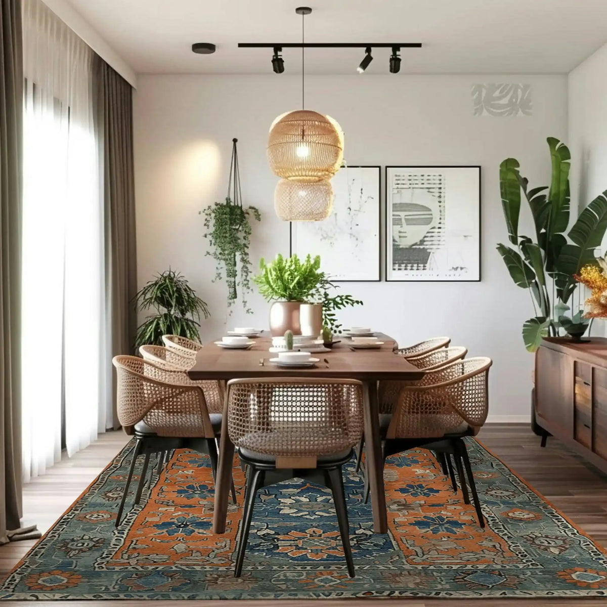 A beautifully styled dining room featuring the Ember Haven Hand Tufted Area Rug with a vintage design. This large living room wool rug showcases a captivating blend of orange and blue floral patterns, adding a touch of elegance and warmth to the space. Surrounded by chic wicker chairs and lush greenery, the rug perfectly complements the modern decor.