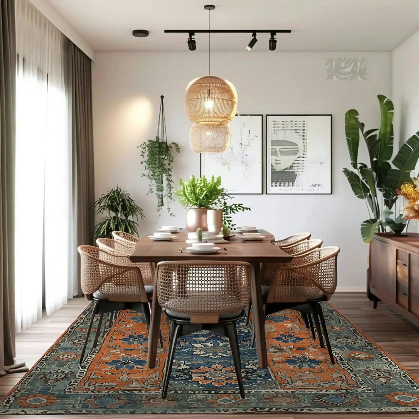 A beautifully styled dining room featuring the Ember Haven Hand Tufted Area Rug with a vintage design. This large living room wool rug showcases a captivating blend of orange and blue floral patterns, adding a touch of elegance and warmth to the space. Surrounded by chic wicker chairs and lush greenery, the rug perfectly complements the modern decor.
