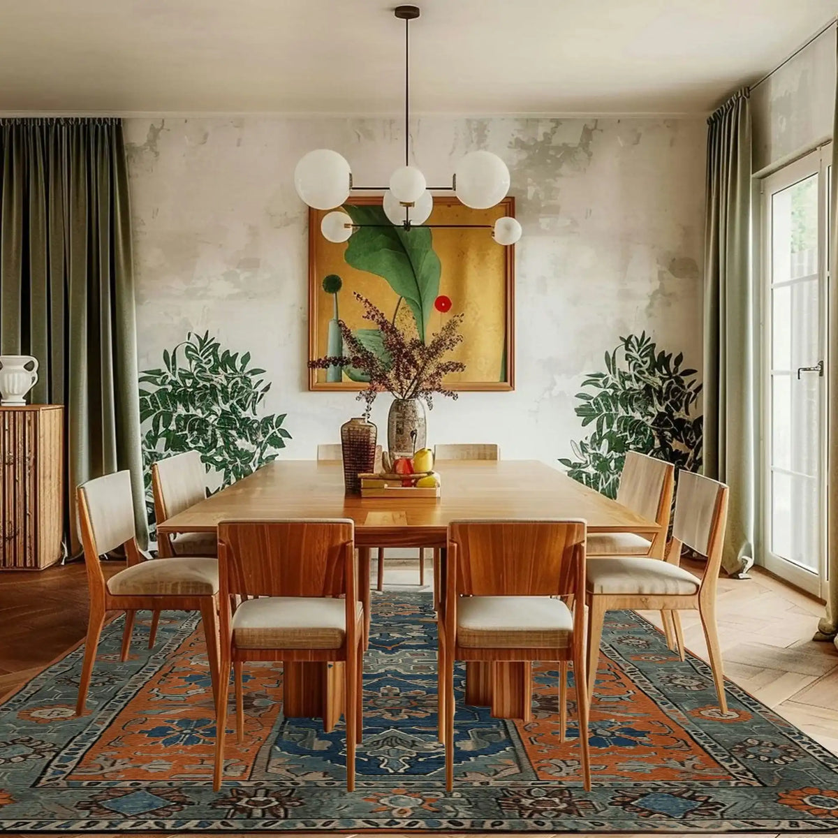 A beautifully decorated dining room featuring the Ember Haven Hand Tufted Rug, an exquisite area rug with a vintage design. The large living room rug is crafted from high-quality wool, showcasing a rich blend of blue and rust colors that enhance the warmth of the wooden furniture and the natural light streaming in from the window.