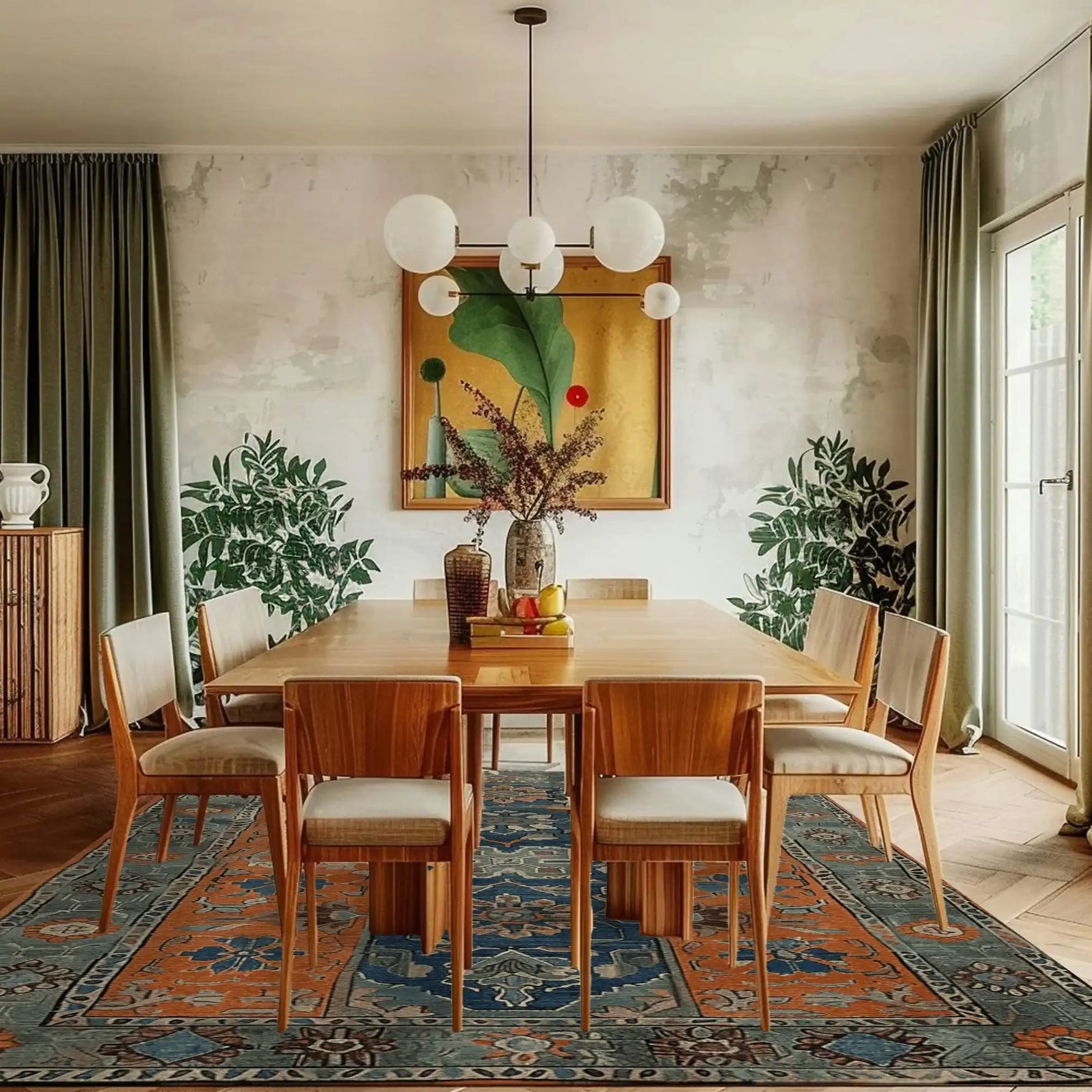 A beautifully decorated dining room featuring the Ember Haven Hand Tufted Rug, an exquisite area rug with a vintage design. The large living room rug is crafted from high-quality wool, showcasing a rich blend of blue and rust colors that enhance the warmth of the wooden furniture and the natural light streaming in from the window.
