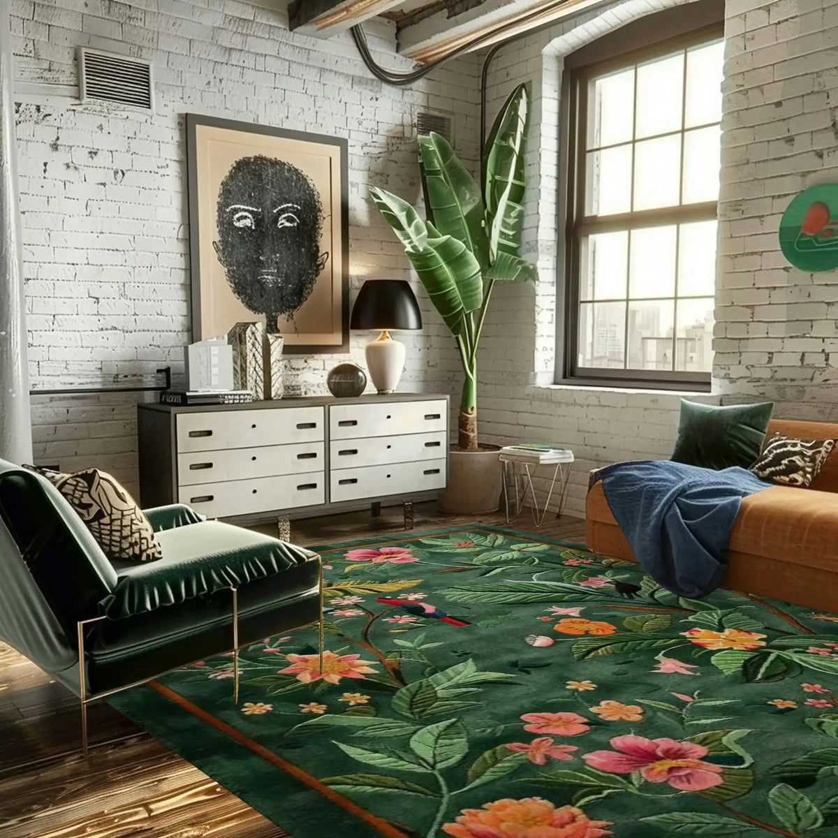 The Emerald Garden Hand Tufted Area Rug graces a stylish living room, showcasing its vibrant floral design. This wool rug, perfect for large living room spaces, adds a splash of color and elegance to the modern decor with its lush green background and colorful blooms.