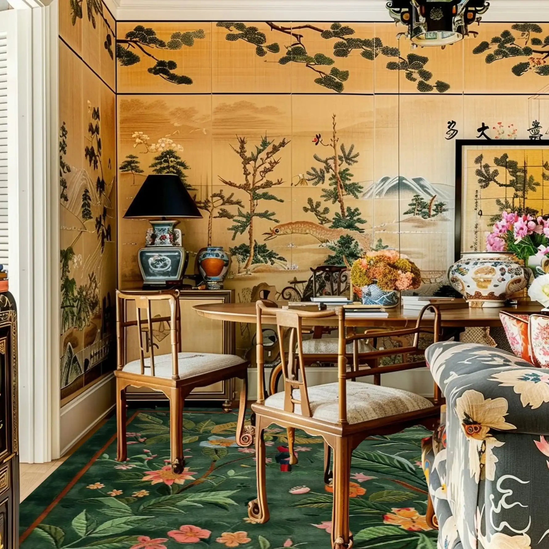 A beautifully decorated living room featuring the Emerald Garden Hand Tufted Rug. This elegant area rug, perfect for large living rooms, showcases a lush green background with vibrant floral patterns. The wool rug complements the room's warm, sophisticated decor, including wooden chairs and a decorative wall mural.