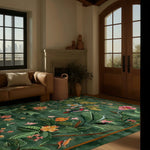 The Emerald Garden Hand Tufted Area Rug beautifully adorns a cozy living room, featuring a rich green background with vibrant floral patterns. This wool rug adds elegance and warmth to the space, making it an ideal choice for large living room rugs. The natural light from the windows highlights the intricate design, perfect for those seeking area rugs for living rooms.
