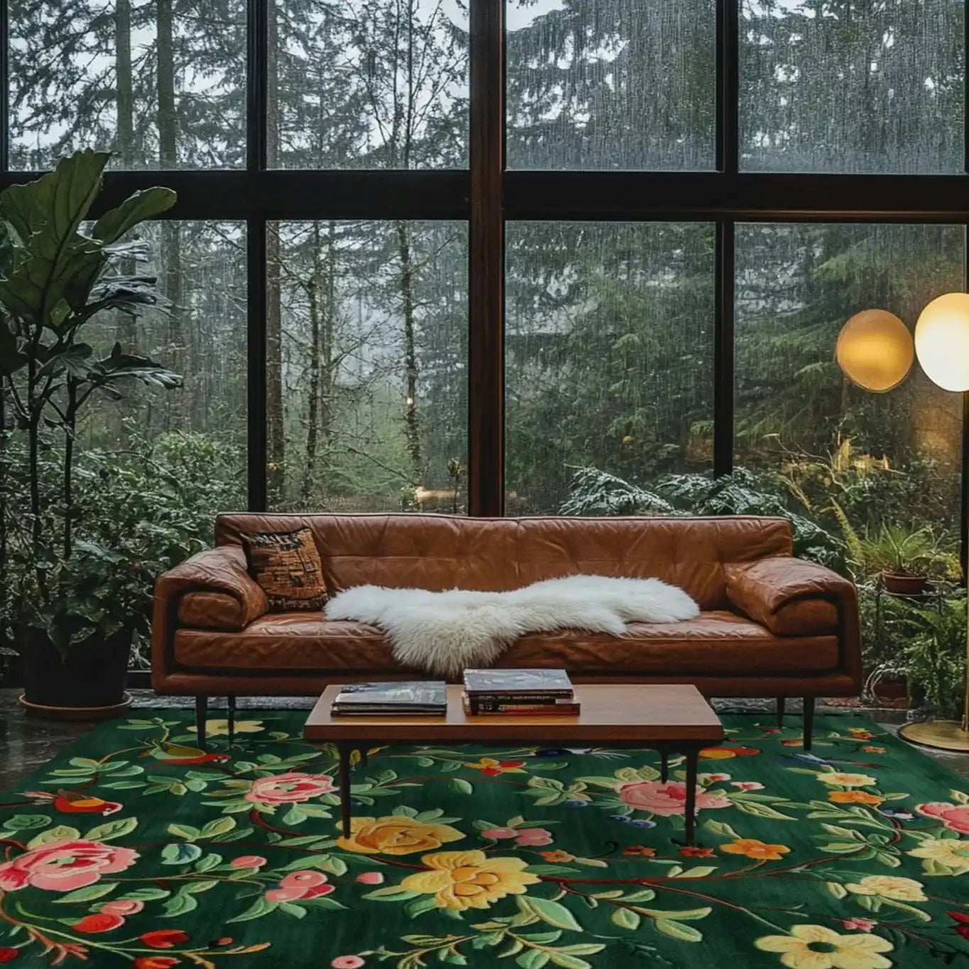 A vibrant Emerald Oasis hand tufted area rug featuring lush floral patterns in a cozy living room setting. The wool rug's rich green base is adorned with colorful flowers, enhancing the warm ambiance created by the brown leather sofa and large windows overlooking a serene forest. Ideal for both living room and dining room spaces, this exquisite piece adds a touch of nature-inspired elegance to your home decor.