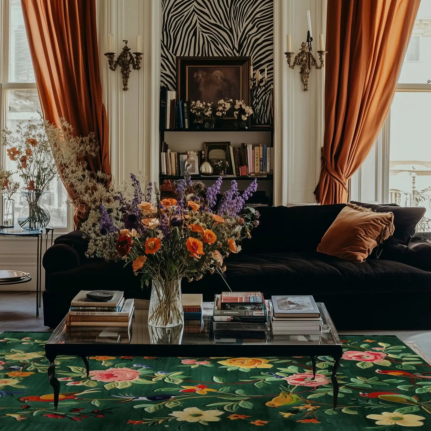 Elegant living room featuring the Emerald Oasis Hand Tufted Area Rug. The vibrant wool rug with floral patterns enhances the space, complemented by a plush black sofa and a coffee table adorned with books and a colorful flower arrangement. Perfect for living room and dining room settings.