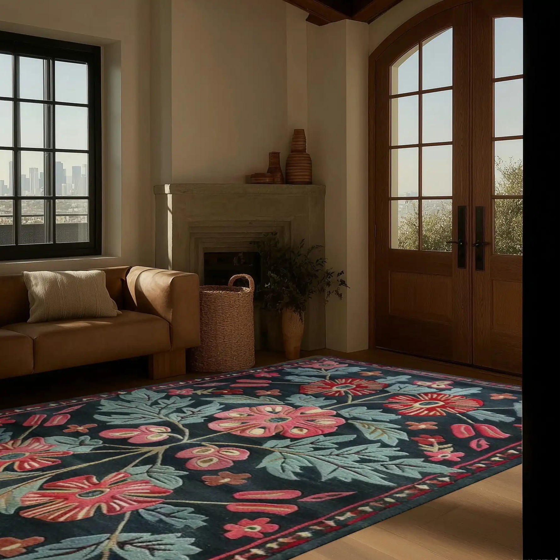 Beautiful Enchanted Garden Hand Tufted Area Rug in a cozy living room setting. The wool rug features a vibrant floral pattern with rich colors, perfect for adding warmth and style to any space. Ideal for living rooms, bedrooms, and more, this 8x10 area rug enhances your home decor with its elegant design.